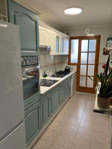 a kitchen with green cabinets and a sink at Cal SalMaré seafront apartment with rooftop terrace and pool in Calafell