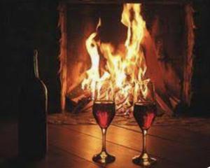two glasses of red wine in front of a fire at Casa con terrazzo vista Lago - LAKEHOLIDAY IT in Castel di Tora