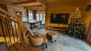 a living room with a christmas tree and a television at Chaty Wald in Karpacz