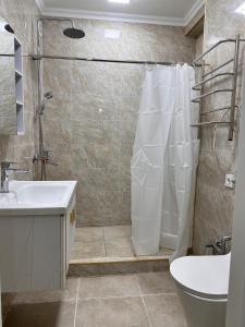une salle de bain avec douche, lavabo et toilettes dans l'établissement Vavilon, à Bishkek