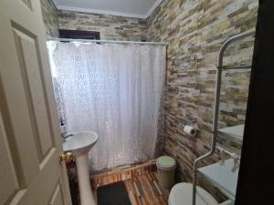 a bathroom with a shower curtain and a sink at Cabaña Mis Corazones Puerto Octay in Osorno