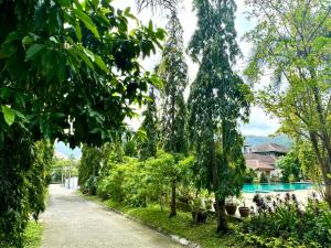 a path through a garden with trees and a swimming pool at Luna villa Chaweng Samui in Nathon Bay