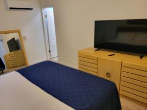 a bedroom with a bed and a flat screen tv at The Link Vintage Motel #8 in Lovelock