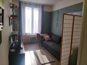een woonkamer met een bank, een tafel en een raam bij studio idéal visite de Paris in Ivry-sur-Seine