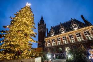 a christmas tree in front of a building with a clock tower at La maisonnette de Camillou in Calais