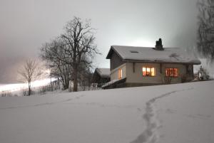 ein Haus mit eingeschaltetem Licht im Schnee in der Unterkunft Vire de Vie in Villiers