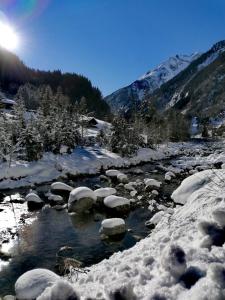 a river with snow covered rocks and a mountain at Alpenchalet Lengau in Dornauberg