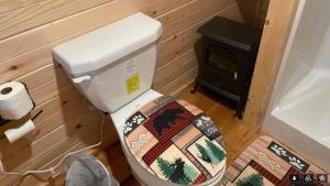 a toilet in a bathroom with a stove at Black Bear Cabin in Black River Falls +8 photos