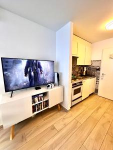 a living room with a large flat screen tv at Sandrina - Studio lumineux et rénové in Leukerbad