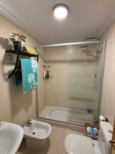 a bathroom with a shower and a sink and a tub at El pisuco in Miengo +21 photos