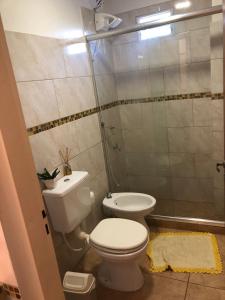 a small bathroom with a toilet and a shower at Peppy Tower 1190 in Posadas +16 photos