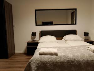 sypialnia z łóżkiem z dużym lustrem na ścianie w obiekcie Apartament Bastion Wałowa Gdańsk w Gdańsku