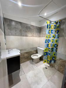 a bathroom with a toilet and a shower curtain at Vacaciones2023 in Mar del Plata +12 photos