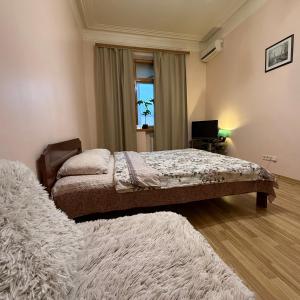 a bedroom with two beds and a television and a window at Апартменти на майдані Незалежності in Kyiv
