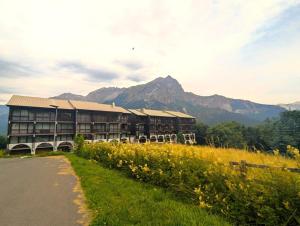 un edificio con una montagna sullo sfondo di Résidence Saint Roch - Appartement T2 lumineux 4 personnes MAE-6811 a Puy-Saint-Vincent