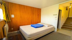 una camera da letto con un letto con un cuscino blu di Résidence Saint Roch - Appartement T2 lumineux 4 personnes MAE-6811 a Puy-Saint-Vincent