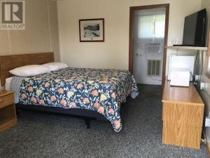 Un dormitorio con una cama, un escritorio y un televisor. en Northside Motel, en Vermilion Bay