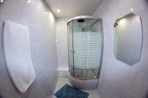 チェレポヴェツにあるGuest House na Lubetskoyのバスルーム(ガラス張りのシャワー、鏡付)