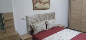 a bedroom with a bed with a headboard and pillows at Guercif in Guercif