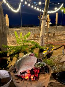 a fish sitting on a grill in a pot at Bãi dài Camping in Nha Trang