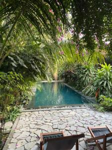 a pool in a garden with two chairs and trees at Nhà Lúa Homestay in Ninh Binh