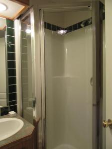 a bathroom with a shower and a sink at Davis Bay Bed & Breakfast in Sechelt