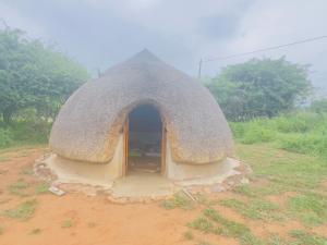 un petit bâtiment avec un toit en dôme dans un champ dans l'établissement Indlondlo Cultural Village, à Cato Ridge 6 autres photos