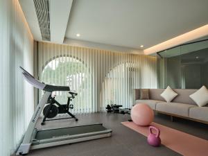 张家界Zhangjiajie Juanjie Luxury Resorts--Provide free one-way airport pick-up service的一间带跑步机和沙发的客厅