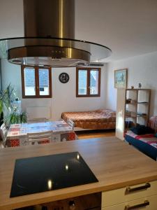 un soggiorno con cucina e ampio soffitto di Petit studio tout confort a Métabief