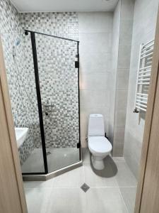 a bathroom with a toilet and a glass shower at Eco Cottage BaBi in Bakuriani +39 photos