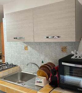 CampomarinoにあるCasa vacanze Brezza di mareのシンクと電子レンジ付きのキッチン