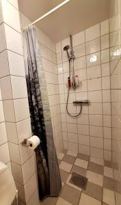 a bathroom with a shower with a shower curtain at Stavanger Sea 1 Ultra Central Dali Apartament General Shop Open 7 l 7 in Stavanger +24 photos
