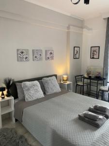 een slaapkamer met een groot bed met kussens erop bij The Cozy Cine-Hub in Serres