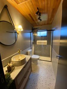 a bathroom with a sink and a toilet and a mirror at Cabana Santo Rancho Treze Tílias in Treze Tílias