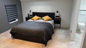 a bedroom with a bed with two yellow pillows at Le loft du coiffeur in Érezée