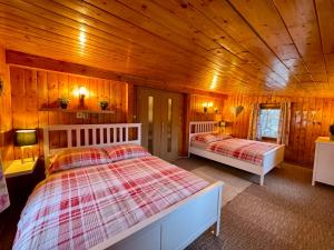 a bedroom with two beds in a wooden cabin at Chata HANA in Jeseník