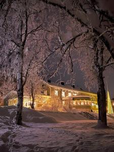 een gebouw in de sneeuw 's nachts bij Hotell Åre Fjällsätra in Undersåker