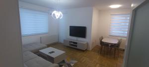 a living room with a couch and a flat screen tv at Apartman Blue Flower Sarajevo in Sarajevo