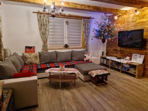 a living room with a couch and a christmas tree at Chalupa nad sadom in Liptovská Kokava