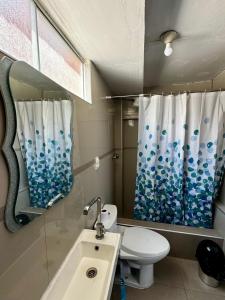 a bathroom with a toilet and a shower curtain at La casita de Lulú in Arequipa
