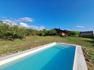 a swimming pool in a yard with a house at Los Chivos in Villa Cura Brochero