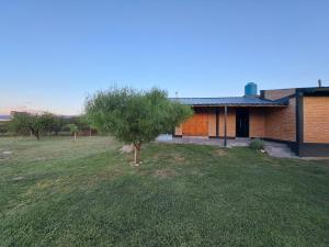 a house with a tree in front of a yard at Los Chivos in Villa Cura Brochero