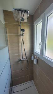 a shower with a shower head in a bathroom at Parenthèse en Terre Breizh in Bohal