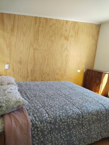 a bedroom with a bed and a wooden wall at Petrohue I in Valdivia