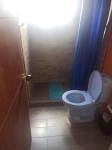 een badkamer met een toilet en een blauw douchegordijn bij Villa café in Vergara