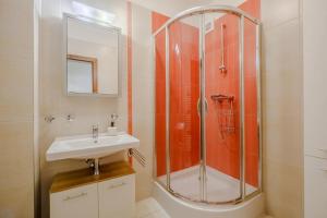 a bathroom with a shower and a sink at Apartman Lomnica Tatry view C13 in Veľká Lomnica