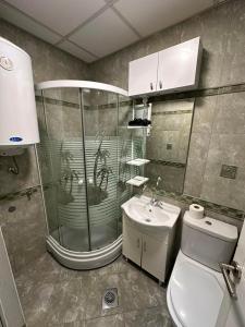 a bathroom with a shower and a toilet and a sink at Diamond central 1 in Ohrid +41 photos