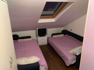 two beds in a small room with a tv at Apartman Sofi in Vrnjačka Banja +16 photos