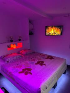 a purple bedroom with a bed in a room at La Suite Sun Set in Tremblay-En-France