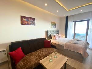 um quarto com um sofá, uma cama e uma mesa em Apartmani Srna Milmari em Kopaonik mais 102 fotografias